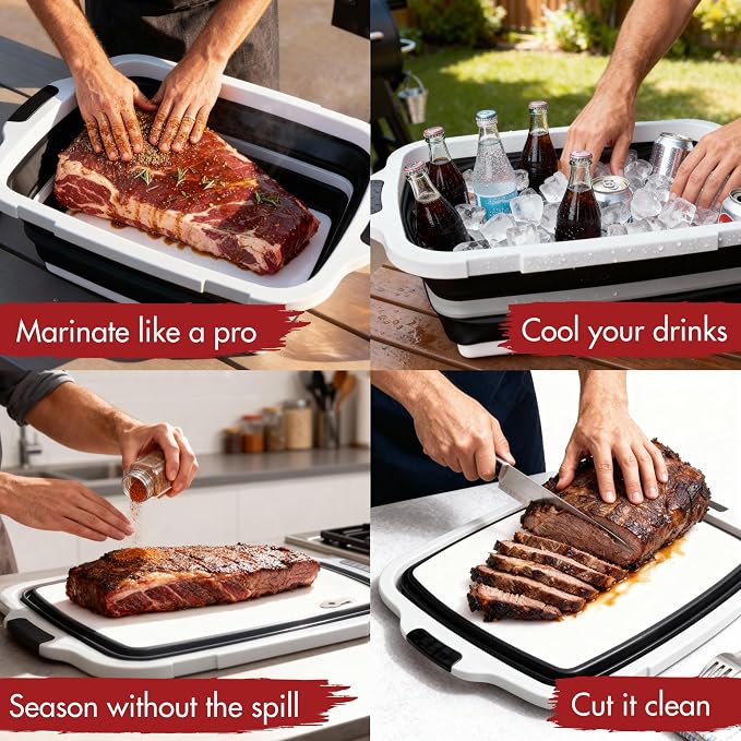 Collapsible XL Smoker & BBQ Prep Tub with Locking Lid | Includes Cutting Board, Meat Marinade & Brine Container For Turkey, Brisket & Ribs - Best Grill Accessories Gifts For Men