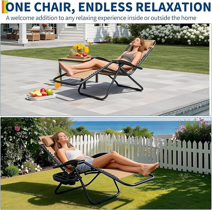 Garvee Camping Chairs Set of 2, Patio Lounge Chair Outdoor with Pillows & Cup Holder Trays, Adjustable Folding Patio Lawn Chair for Deck,Beach, Yard Khaki
