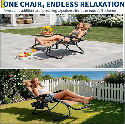 Garvee Camping Chairs Set of 2, Patio Lounge Chair Outdoor with Pillows & Cup Holder Trays, Adjustable Folding Patio Lawn Chair for Deck,Beach, Yard Khaki