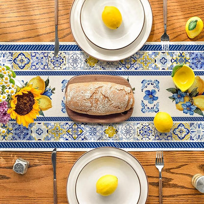 Artoid Mode Lemon Flowers Blue and White Porcelain 210 GSM Summer Table Runner, Seasonal Spring Kitchen Dining Table Decoration for Home Party Decor 13x36 Inch