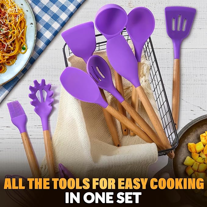 12 Pcs Purple Kitchen Accessories with Holder for Nonstick Cookware | Silicone Cooking Utensils Set for BBQ; Heat-Resistant Tools with Wooden Handles for Baking, Serving, Frying, and Mixing