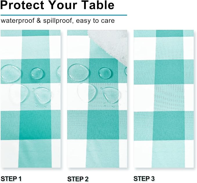 Hiasan Checkered Tablecloth Square, 70 x 70 Inch - Waterproof and Wrinkle Resistant Table Cloth for Picnic, Dinner and Party, Washable Polyester Fabric, Aqua and White Gingham Pattern
