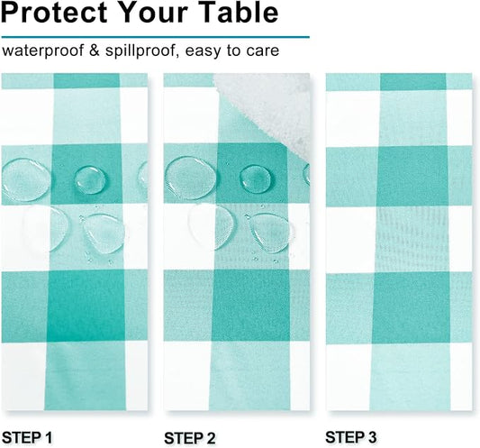 Hiasan Checkered Tablecloth Square, 70 x 70 Inch - Waterproof and Wrinkle Resistant Table Cloth for Picnic, Dinner and Party, Washable Polyester Fabric, Aqua and White Gingham Pattern