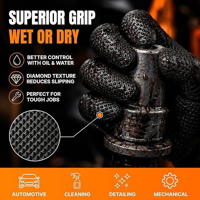 Disposable 5 & 8 Mil Black Nitrile Gloves S-XL – Heavy Duty Latex & Powder-Free – Textured, Chemical-Resistant