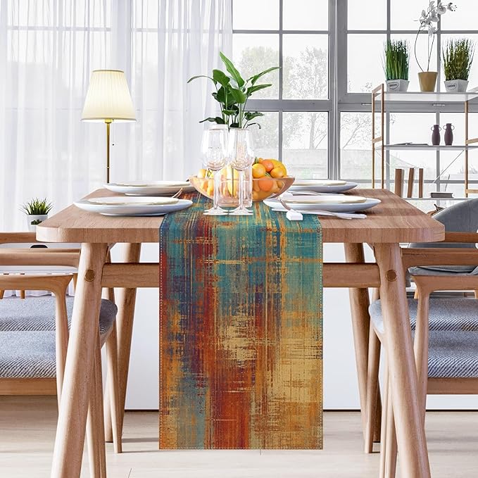 Emvency Blue and Orange Table Runner, Vintage Abstract Messy Rust Painting Dining Decor for Kitchen Coffee Table Family Dinners Holiday Parties Wedding Events Decor(13x60 inch)
