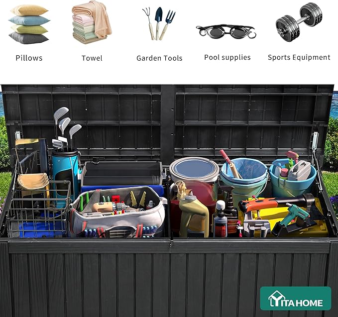 YITAHOME 220 Gallon Large Outdoor Storage XL Deck Box w/Divider for Patio Furniture,Outdoor Cushions, Garden Tools, Sports Equipment and Pool Supplies, Waterproof, Resin, Lockable, Black