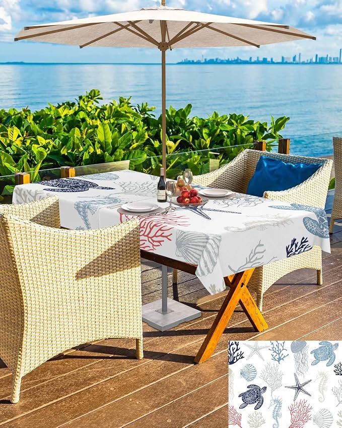 Blue Red Coastal Outdoor Tablecloth - 60x120 Inch Rectangle Waterproof Dining Table Cover, Nautical Summer Beach Coral Sea Turtle Outdoor Table Cloth with Umbrella Hole & Zipper for Patio
