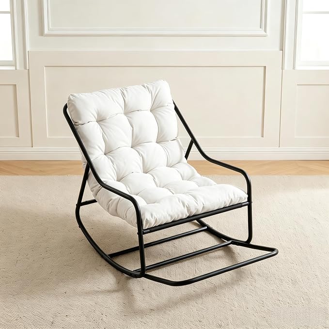 Outdoor Rocking Chairs, Metal Frame Outdoor Rocker with Footrest, Comfy Oversized Patio Chair with Thick Cushion, Reading Glider Lounge Chair for Living Room, Bedroom, Garden, Relax, White
