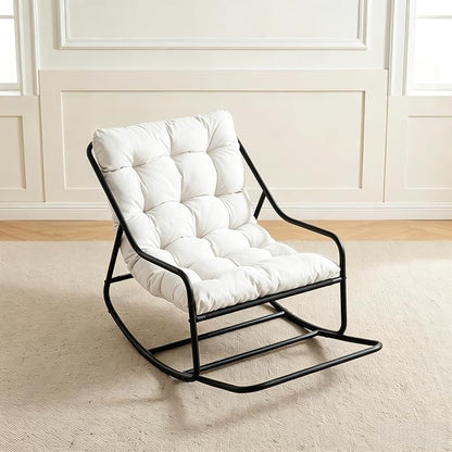 Outdoor Rocking Chairs, Metal Frame Outdoor Rocker with Footrest, Comfy Oversized Patio Chair with Thick Cushion, Reading Glider Lounge Chair for Living Room, Bedroom, Garden, Relax, White