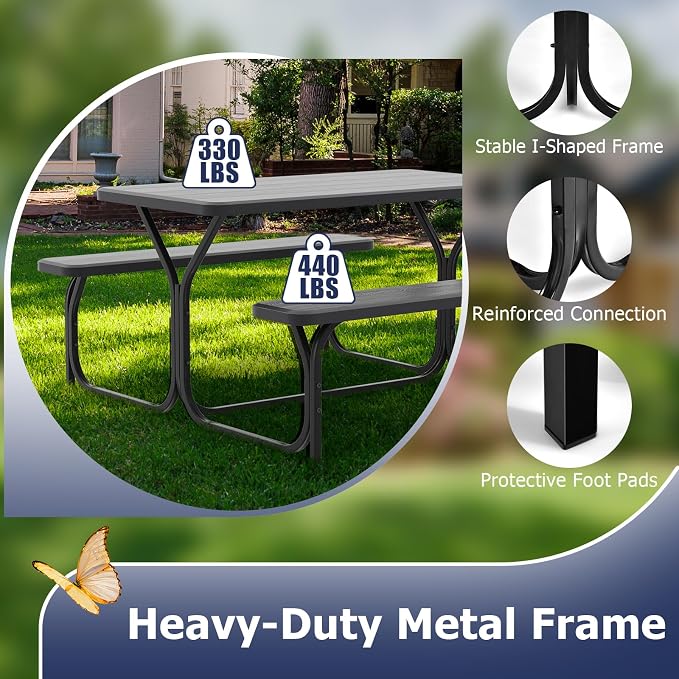 GYMAX Picnic Table, Picnic Bench Easy to Assemble w/All Weather Wood Grain Tabletop & Metal Frame, Picnic Tables for Outdoors Camping Backyard Deck Patio Poolside Dining Party