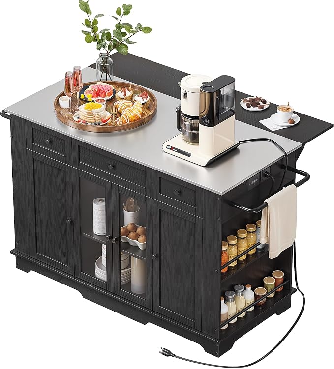 DWVO Kitchen Island w Stainless Steel Top Drop Leaf Bar Seating Power Outlet, 60" Large Rolling Mobile Center Islands w Folding Dropleaf Storage Drawer Cabinet Wheel Counter Height Metal Top, Black
