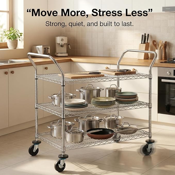 Finnhomy 3-Tier Commercial Grade Rolling Cart, Heavy Duty Utility Cart with Wheels and Handles, Metal Kitchen Carts on Wheels with 600 lbs Capacity, Shelf Size 24" D x 40" W, NSF