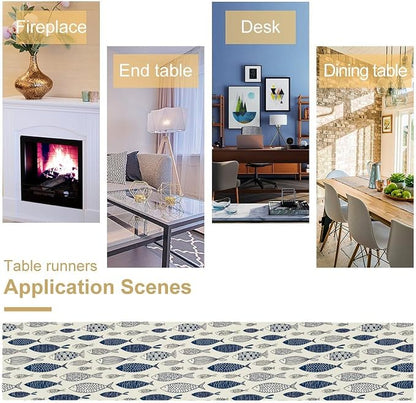 Under Sea World Table Runner, Summer Navy Blue Fish Table Runner Beach Starfish Coral Vintage Dining Tablerunner for Coffee Table/Kitchen Island/Party Decor, 13" x 70"