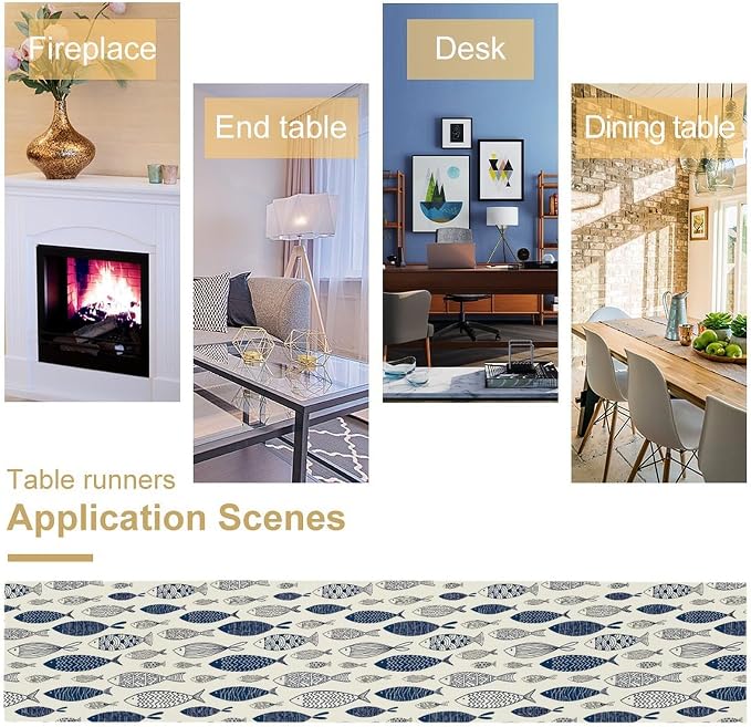 Under Sea World Table Runner, Summer Navy Blue Fish Table Runner Beach Starfish Coral Vintage Dining Tablerunner for Coffee Table/Kitchen Island/Party Decor, 13" x 108"