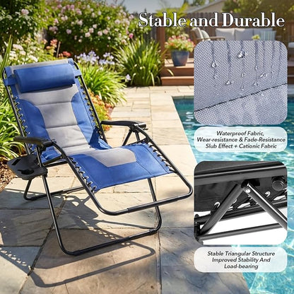 NEWBULIG Padded Zero Gravity Chair, Folding Lounge Chair Outdoor, Blue | Foldable Beach Camping Recliner Chair with Adjustable Pillow and Trays for Poolside Lawn Patio
