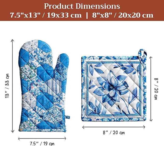Maison d' Hermine 100% Cotton Oven Mitt & Pot Holder Set (7.5"x13" & 8"x8") Heat Resistant BBQ Cooking Gloves with Loop Baking Grilling Kitchen Hotel Home Farmhouse Spring Summer (Summer Blues)