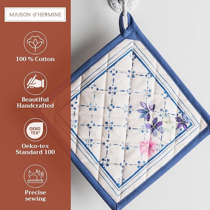 Maison d' Hermine Pot Holders 100% Cotton Heat Resistant Potholders 8" x 8" Hot Pads with Loop BBQ Cooking Baking Hotel Farmhouse Kitchen Handling Hot Pans Spring Summer (Pack of 1, Faience)