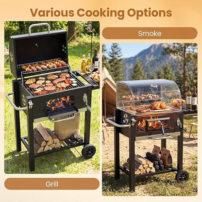 Giantex Charcoal Grill with Foldable Side Shelf, Outdoor BBQ Grill with Adjustable Charcoal Tray, Thermometer, Shelves & Ash Tray, Portable Barbecue Griddle with Wheels for Backyard, Camping, Picnic