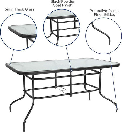 Flash Furniture Lila 7-Piece Glass Patio Table and Chairs Set, Outdoor Patio Dining Set with Rectangular Table and 6 Slat Back Patio Chairs, Black