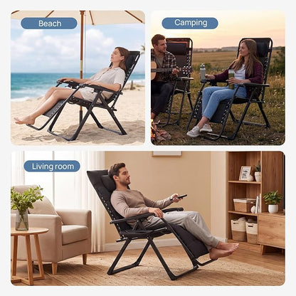 DUMOS Zero Gravity Chair, Lounge Chair Outdoor with Cup Holder Tray | Folding Reclining Chairs for Indoor, Outside, Beach, Camping and Patio, Black