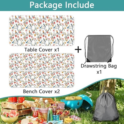 Bird Branch Picnic Table Cover with Bench Covers, Spring Summer Floral Waterproof Windproof, Fitted Tablecloth Cover with Elastic Edge, Camping Essentials, for Outdoor, Garden, 3 PCS, 30x96 Inch
