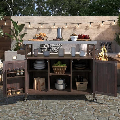 50.25" Outdoor Grill Table with Storage & Locking Wheels | Outdoor grill table,outdoor wood cabinet for grill,kitchen island with storage,steel top,spice rack,prep table for grilling