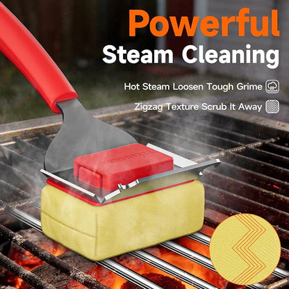 Bristle-Free Grill Brush Head, Heat-Resistant Kevlar Fiber Head, Red Head | Steam Cleaning, Replaceable No-Wire Head, 17" Handle, 4-in-1 Scraper, for Porcelain/Ceramic/Stainless Steel/Cast Iron Grate