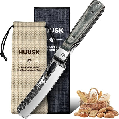 Huusk Japanese Folding Bread Knife - Pocket Knife with Wide Wavy Edge for Homemade Bread, Steak and Tomato - Hand Forged Kitchen Knives for BBQ, Camping and Travel - Gift for Men and Women