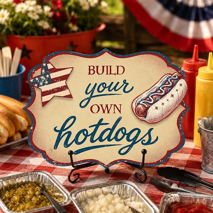 Hot Dog Stand Sign with Metal Display Stand, Wooden Patriotic Tabletop Menu Sign for BBQ Party, Food Truck, Buffet Table, Hot Dog Shop Decor, Independence Day 250th Anniversary Celebration - A01