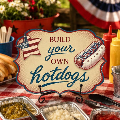 Hot Dog Stand Sign with Metal Display Stand, Wooden Patriotic Tabletop Menu Sign for BBQ Party, Food Truck, Buffet Table, Hot Dog Shop Decor, Independence Day 250th Anniversary Celebration - A01