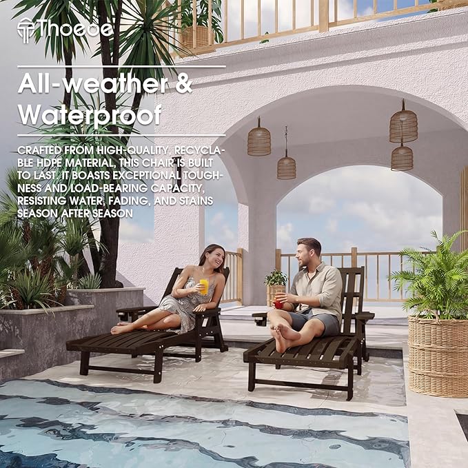 THOEOE Patio Chaise Lounge Chair Set of 2, Oversized Lounge Chair Outdoor with 5 Positions, 78″ Long, HDPE, Patio Lounge Chair with Wheels & Cup Holder for Pool, Deck, Poolside,Brown