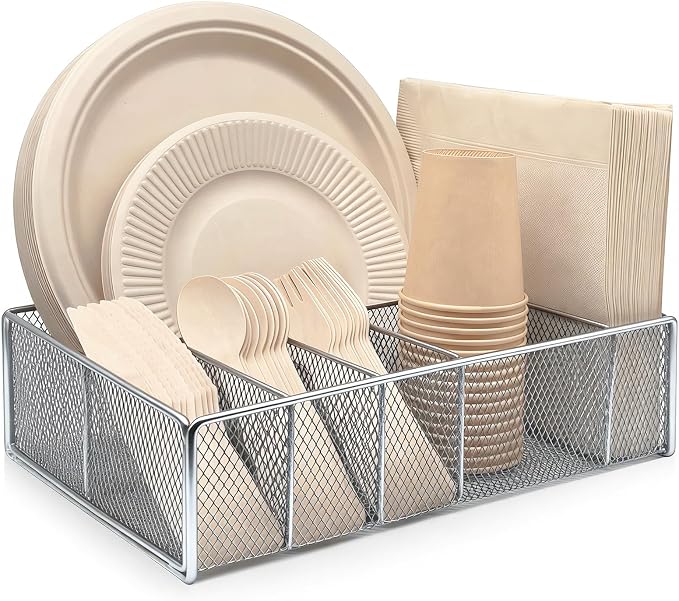 DysanVica Metal Paper Plate Holder - Utensil Silverware Caddy Silver | Kitchen Counter Cabinet Cutlery Flatware Organizer Storage Dispenser Box Plastic Spoon Fork Plates Napkins Cup Party Camping