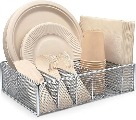 DysanVica Metal Paper Plate Holder - Utensil Silverware Caddy Silver | Kitchen Counter Cabinet Cutlery Flatware Organizer Storage Dispenser Box Plastic Spoon Fork Plates Napkins Cup Party Camping