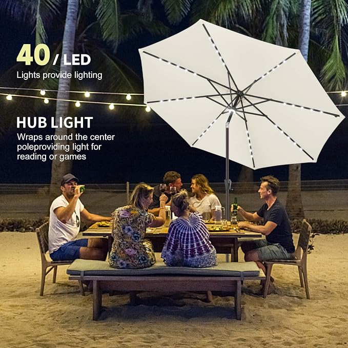 Solar Patio Umbrella with Centre Light, 9 ft Ivory | 40 LED Lights, UV Protection, Solar Outdoor Umbrella for Porch, Deck, Pool, Table, Garden, Provides Evening Lighting