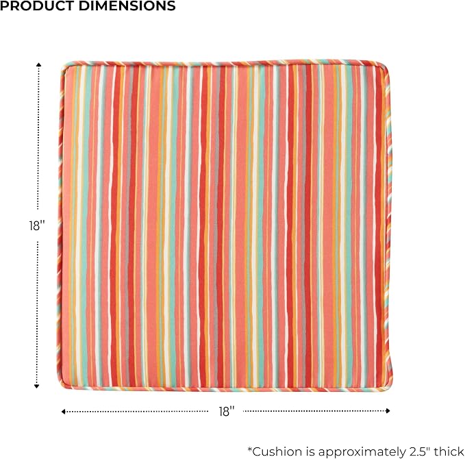 Outdoor 18 inch Square Patio Dining Chair Pads – Comfortable Fiber-Filled Seat Cushions with Ties, Reversible Polyester Fabric - Watermelon Stripe, Set of 2