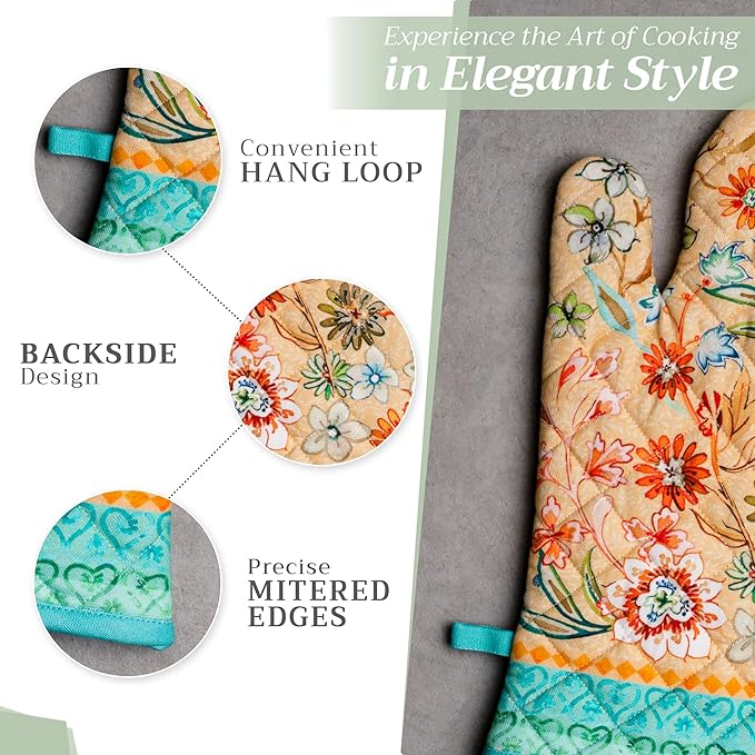 Maison d'Hermine Oven Gloves 100% Cotton Oven Mitt 7" x 13" with Loop Heat Resistant BBQ Cooking Gloves Baking Grilling Kitchen Hotel Home Farmhouse Spring Summer (Pack of 1, Luxury Loft - Peach)