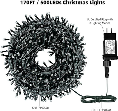 MZD8391 170FT 500 LED Christmas Lights Outdoor Indoor, Christmas Tree Light | Warm White, 100% UL Listed, Waterproof, 8 Light Modes, Timer & Memory, End To End Connect, Christmas String Light Decoration