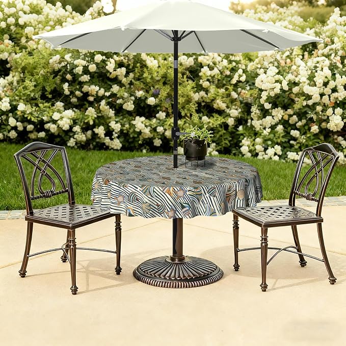 LVTXIII Round Outdoor Tablecloth with Umbrella Hole and Zipper, Water-Repellent 60 Inch Patio Table Cover for Bistro, Garden, Patio & Picnic, Cabana Shells