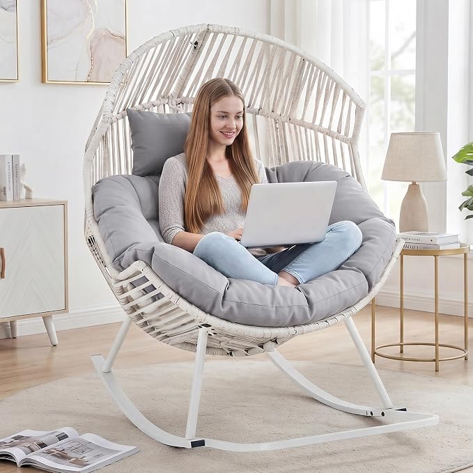 Shintenchi Rocking Egg Chair Outdoor with Cushion,Oversized Lounge Chairs | Rocking Chair 2 Pack,Light Gray,PE Rattan,Egg Seat for Indoor Outdoor Living Room Bedroom Outside Patio Backyard Balcony