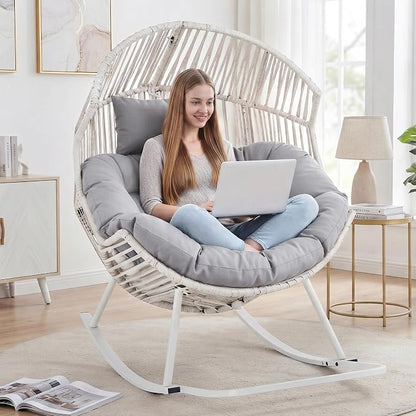 Shintenchi Rocking Egg Chair Outdoor with Cushion,Oversized Lounge Chairs | Rocking Chair Light Gray,PE Rattan,Egg Seat for Indoor Outdoor Living Room Bedroom Outside Patio Backyard Balcony
