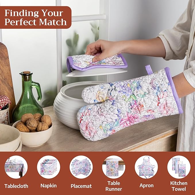 Maison d' Hermine 100% Cotton Oven Mitt & Pot Holder Set (7.5"x13" & 8"x8") Heat Resistant BBQ Cooking Gloves with Loop Baking Grilling Kitchen Hotel Home Farmhouse Spring Summer (Floral Love)