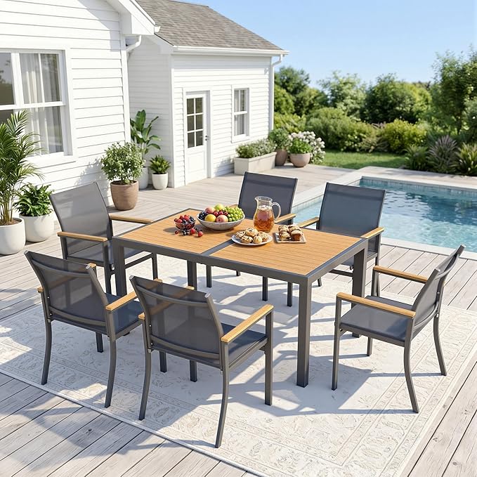 7-Pieces Aluminum Patio Table and Chairs for All-Weather, Patio Table Set with Heavy Duty HDPS Rectangular Table, Outdoor Patio Dining Furniture Set with Breathable Quick-Drying Textilene Chairs