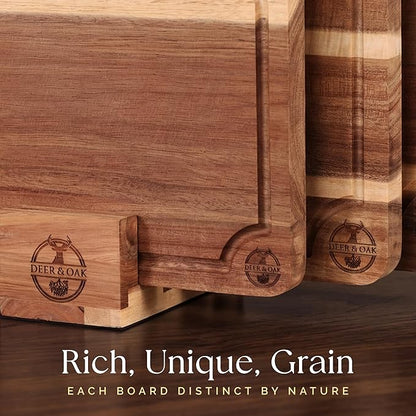 Pre-Oiled, Non Toxic 3-Piece Acacia Cutting Board Set with Stand, FSC Certified Wooden Chopping Boards, Includes 3.4 fl oz Chopping Board Oil, 3 Wood Carving Boards for Home, BBQ Kitchen, Deer & Oak