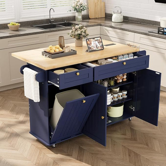 ComfyCorner 60" Rolling Large Kitchen Island on Wheels with Extendable Table, Drop Leaf & Power Outlet, Mobile Kitchen Cart with Storage Cabinet, 2 Drawers, Spice Rack, Towel & Knife Holder, Blue