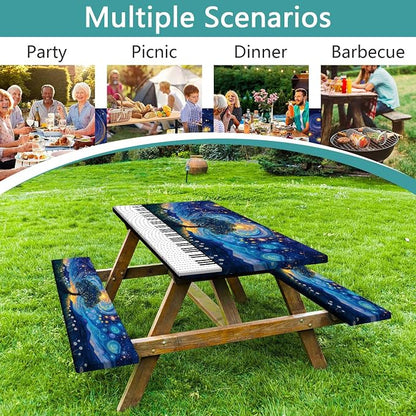 Piano Keyboard Picnic Table Cover with Bench Covers, Camping Essentials, Whirlpool Star Tree Flower Waterproof Windproof, Fitted Tablecloth Cover with Elastic Edge for Outdoor Garden 3 PCS 30x60 Inch