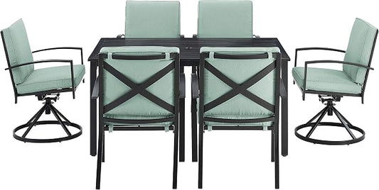 Crosley Furniture Kaplan 7-Piece Outdoor Dining Set for 6, Patio Table and Chairs for Backyard, Deck, Oiled Bronze with Mist Cushions