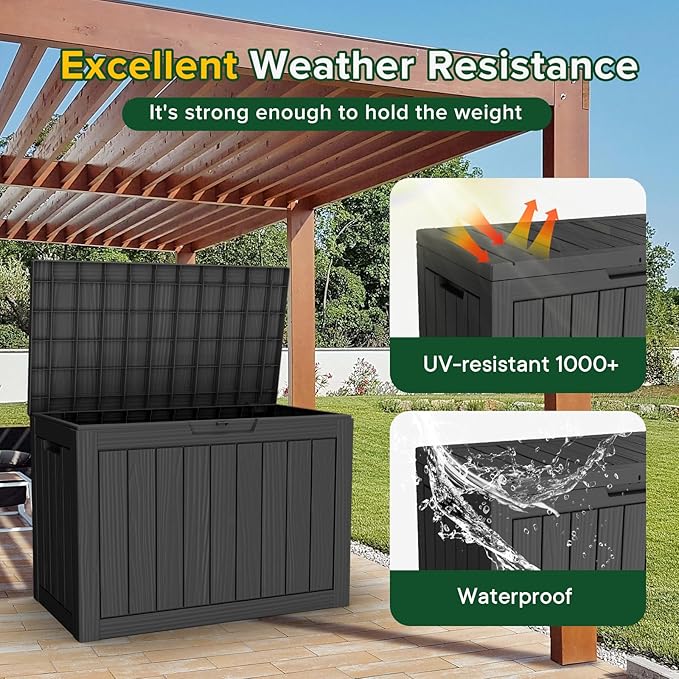 ROJIK 50 Gallon Deck Box Outdoor, Waterproof Outdoor Storage Boxes with Lids, Outside Resin Lockable Storage Box for Patio Cushions, Garden Tools(Black)