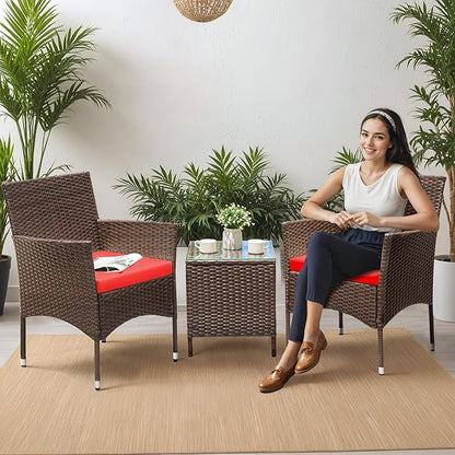 Greesum 3 Pieces Patio Dining PE Rattan Wicker Chair Furniture Set with Cushion and Glass Coffee Table for Outdoor Garden Backyard Poolside, Brown and Red