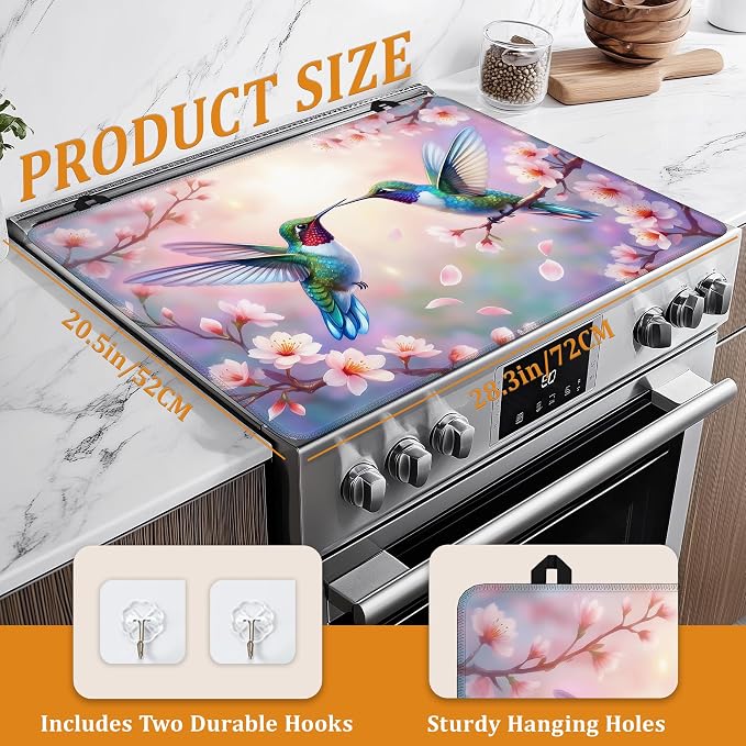 Spring Hummingbird Glass Top Stove Cover Protector,Pink Peach Flower Stove Top Covers for Electric Stove,Washable Heat Resistant Cooktop Mat Anti-Slip Range Covers, 28 x 20 Inch