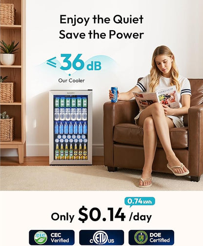 EUHOMY Mini Fridge 130 Can Beverage Refrigerator Cooler Glass Door for Soda Wine Beer, Beverage Cooler for Home, Bar, Office with Digital Temperature Control Adjustable Shelves, 3.2 Cu.Ft, Silver